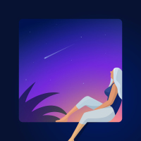 Illustration of woman sitting in window looking at a purple sky and shooting star