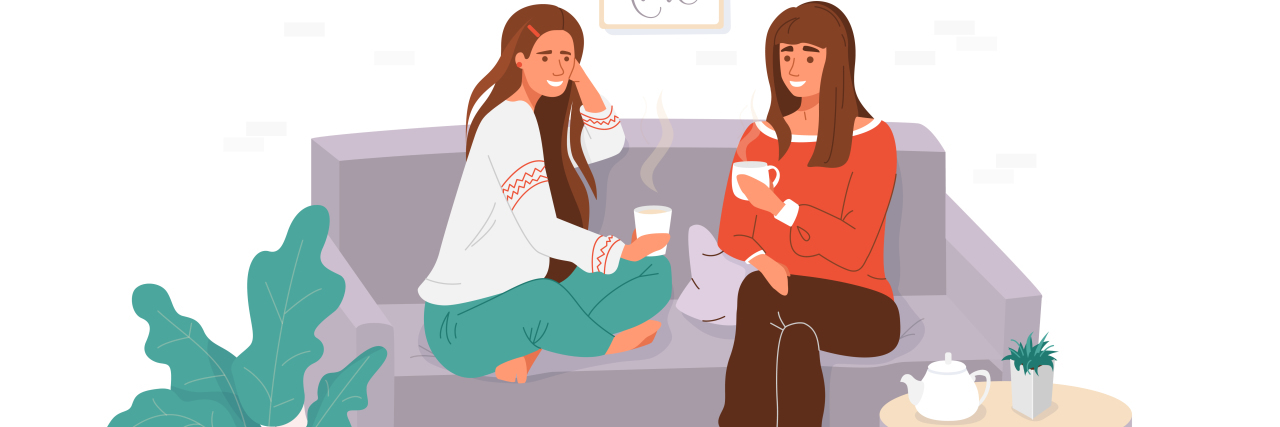 How I Describe Hidradenitis Suppurativa to My Friends Two young women spending time together while drinking tea.