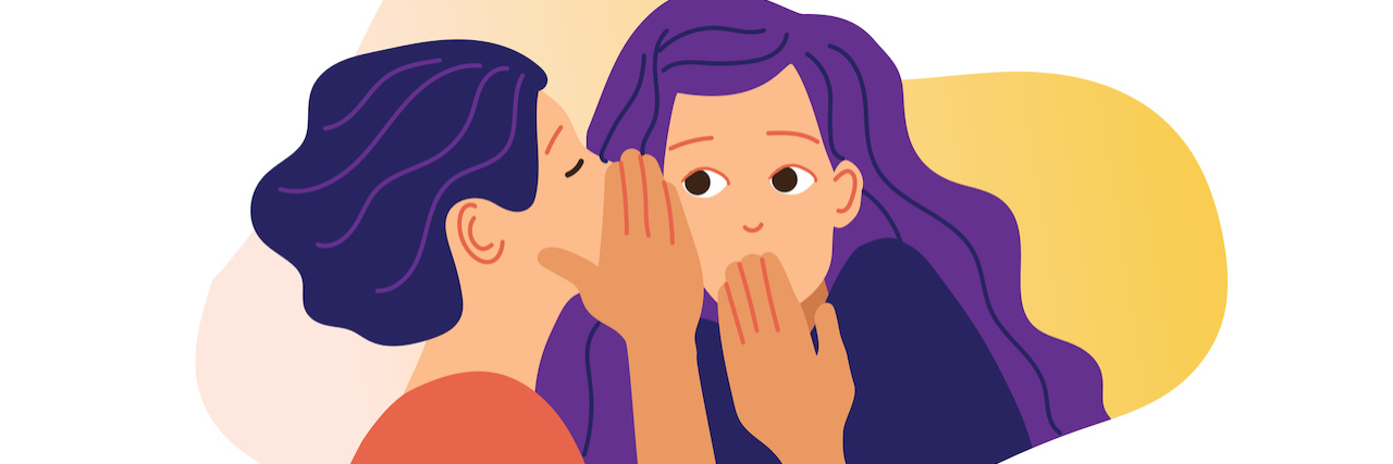Illustration of a woman with dark hair whispers into the ear of another woman