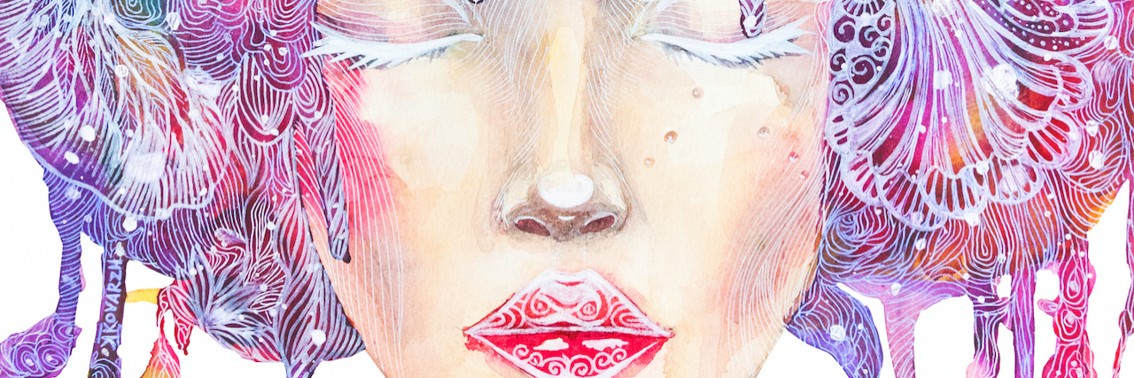 Personal Account of Living With Fibromyalgia watercolor portrait of a woman with colors all over her head, closing her eyes