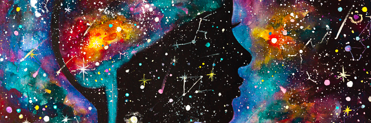 Facing Physical Illness as a Mental Health Writer Watercolor painting of cosmic woman.