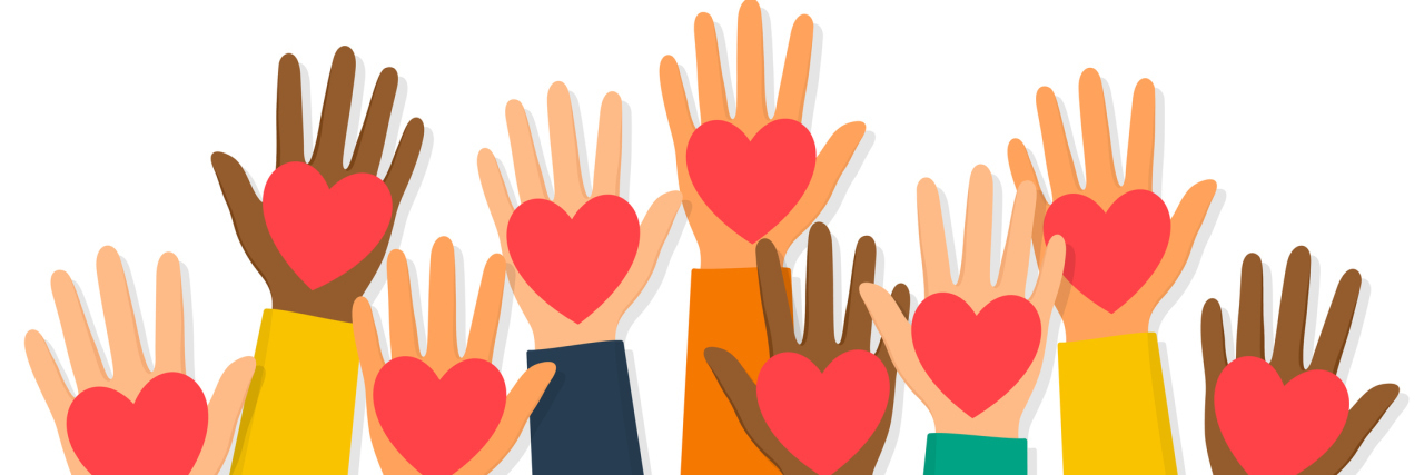Illustration of diverse set of hands raised holding hearts