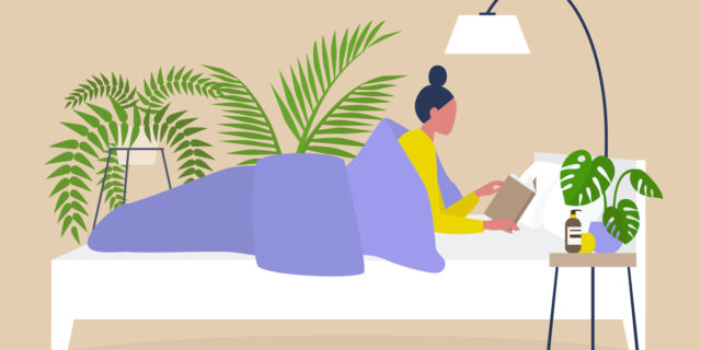 Illustration of woman reading in bed