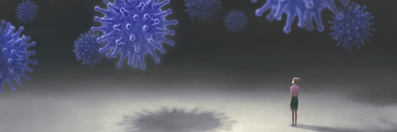 The Loneliness of Being Careful About My Health During COVID-19 Young woman with floating virus.