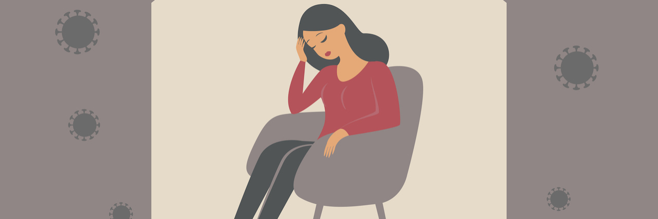 Study Suggests COVID-19 May Cause Mental Illness Among Survivors Illustration of a downcast woman with brown hair sitting in a gray chair surrounded by coronavirus cells