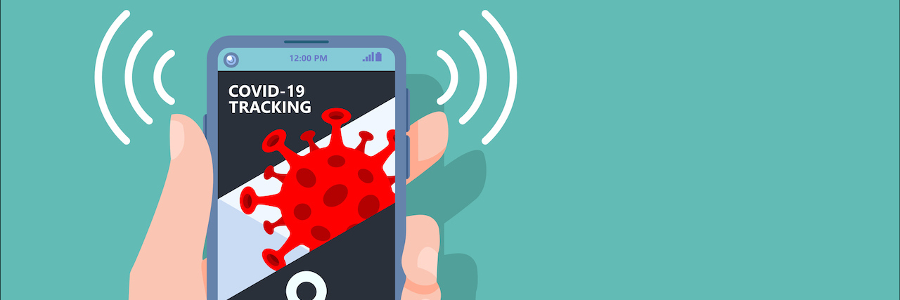 Scam Alert: Things a COVID-19 Contact Tracer Wouldn’t Say Coronavirus tracking apps concept with hand holding smartphone and application design on screen for reduce COVID-19 spreading after quarantine detecting infected people.