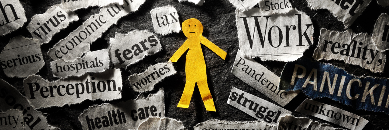 What Happened When My Insecurity 'Gremlin' Reappeared During COVID-19 Paper man surrounded by Coronavirus and economy news headlines