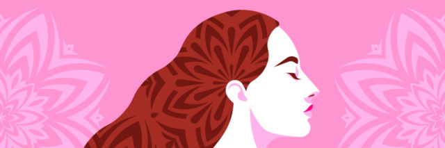 Woman with long hair. Mandalas decorate the hair and pink background.