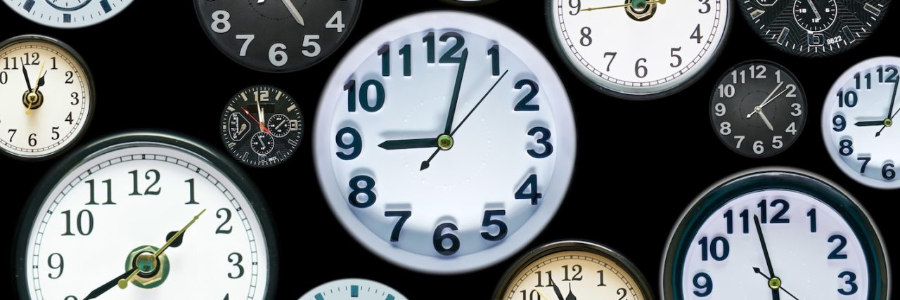 OCD: How Bad Thoughts Are Like a Ticking Clock Many time clock faces appear showing different time.