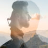 Triple exposure portrait of a man combined with beautiful mountain landscape