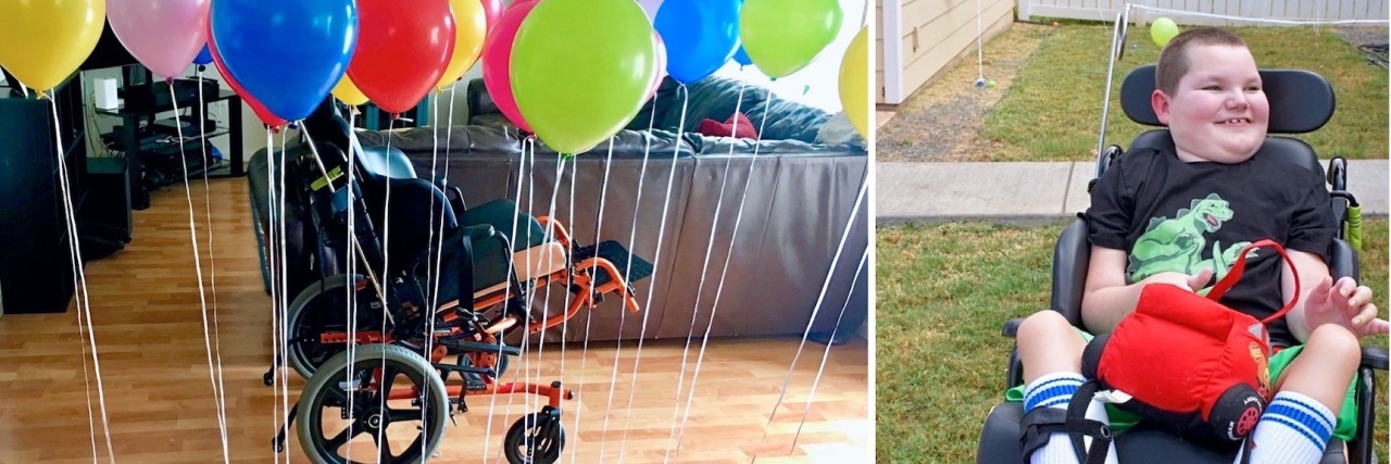 Spinal Muscular Atrophy Awareness Month: Supporting a Child With SMA Lori's son enjoying an Easter egg hunt with balloons.