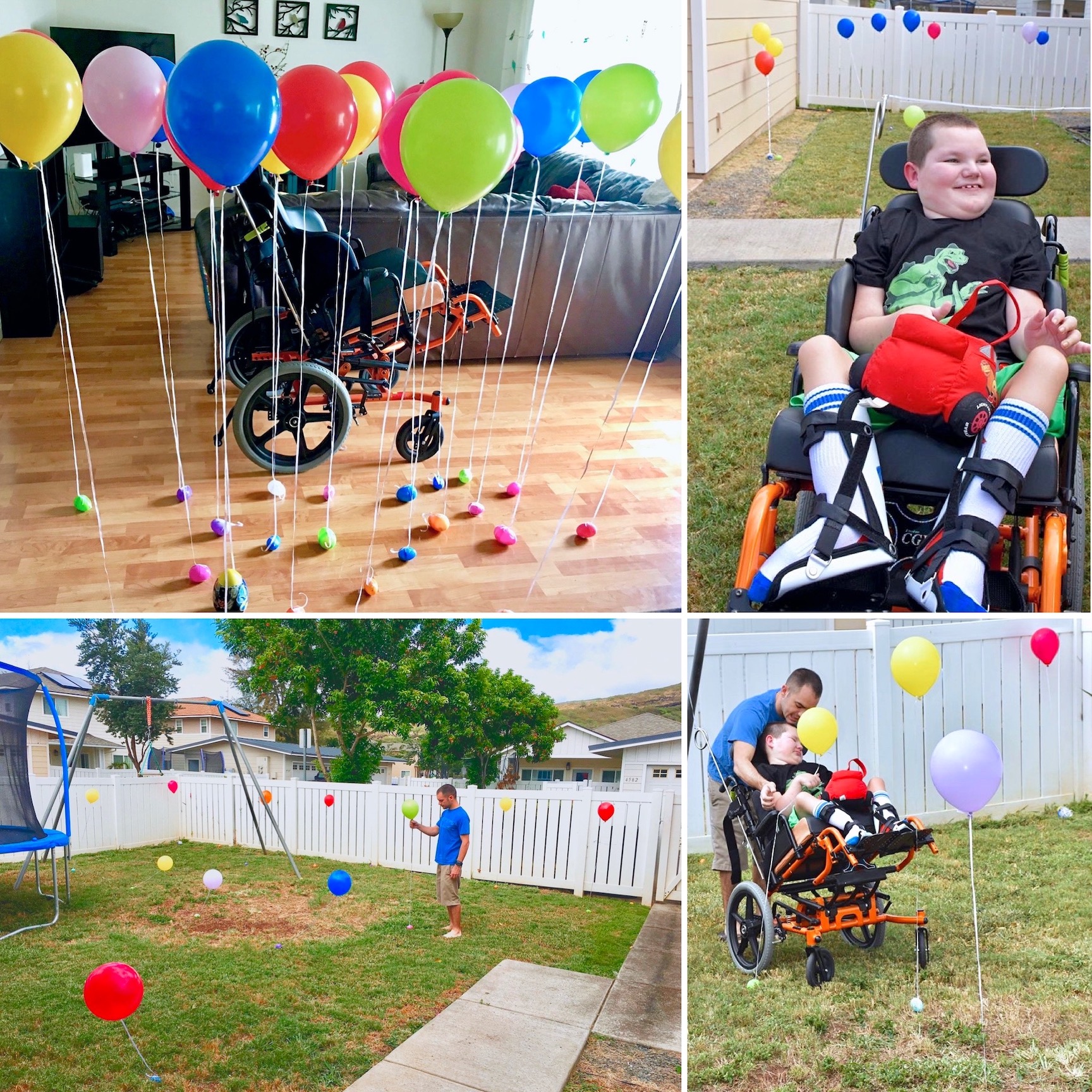 Lori's son enjoying an Easter egg hunt with balloons.