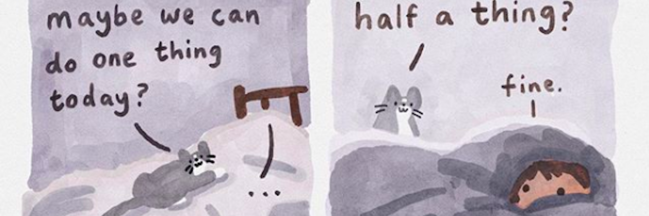 Aritst Swatercolour’s Cat Comics Give Excellent Mental Health Advice Swatercolour comic panels showing a cat asking his person to get up and do one thing today, and then agreeing to his person's request to do half a thing