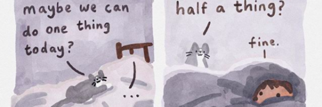 Swatercolour comic panels showing a cat asking his person to get up and do one thing today, and then agreeing to his person's request to do half a thing