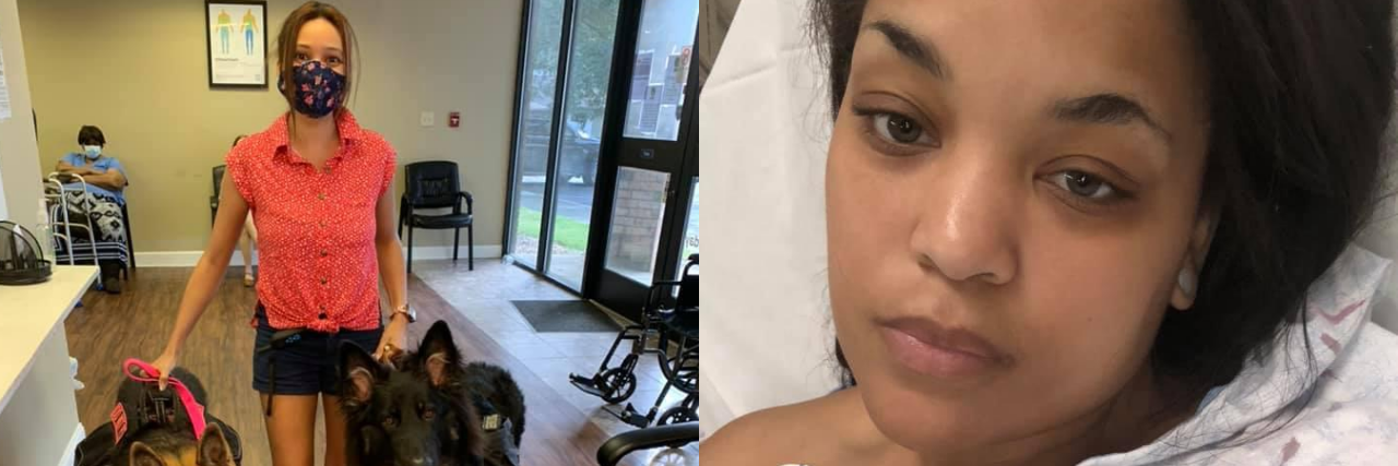 [Left] A white woman with two service dogs [Right] A Black woman in a hospital bed