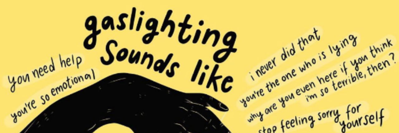 Image of a hand controlling a person like a puppet, with gaslighting phrases surrounding it