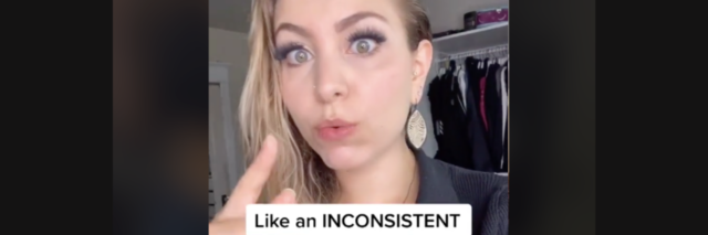 A woman talking on TikTok, the words "inconsistent reward" is on the screen