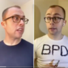 A spilt screen of a man. On the right side, his shirt says "BPD"