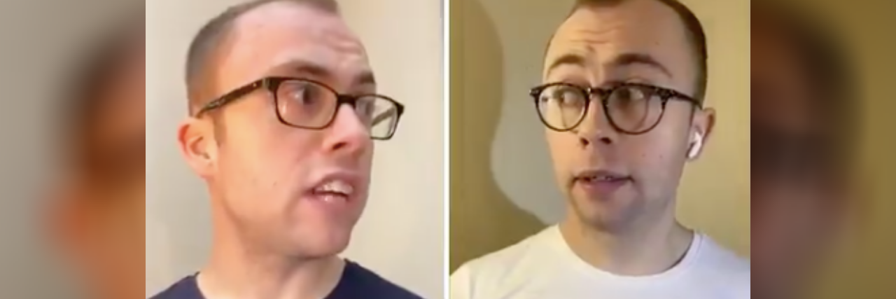 Joe Trancini Makes Relatable Videos About Life With BPD A spilt screen of a man. On the right side, his shirt says "BPD"