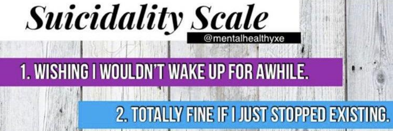 This Scale Can Help You Explain Suicidal Thoughts Suicidal Thoughts scale, which reads: 1. Wishing I wouldn't wake up for a while. 2. Totally fine if I just stopped existing. 3. Unsure what the point of life is and why I should live. 4. Thinking a lot about ending my life but not taking action or planning. 5. Considering methods and planning. 6. Imminently in danger of attempting a plan.