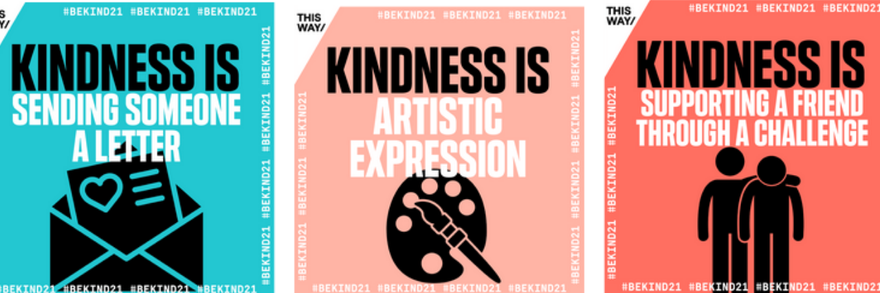 #BeKind21 campaign image with prompts about kindness