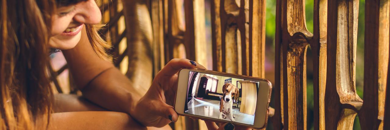 Does Watching Cute Animal Videos Help Your Mental Health? photo of a woman kneeling next to wooden fence, showing a video of a cute dog
