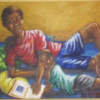 Painting of parent reading to child.
