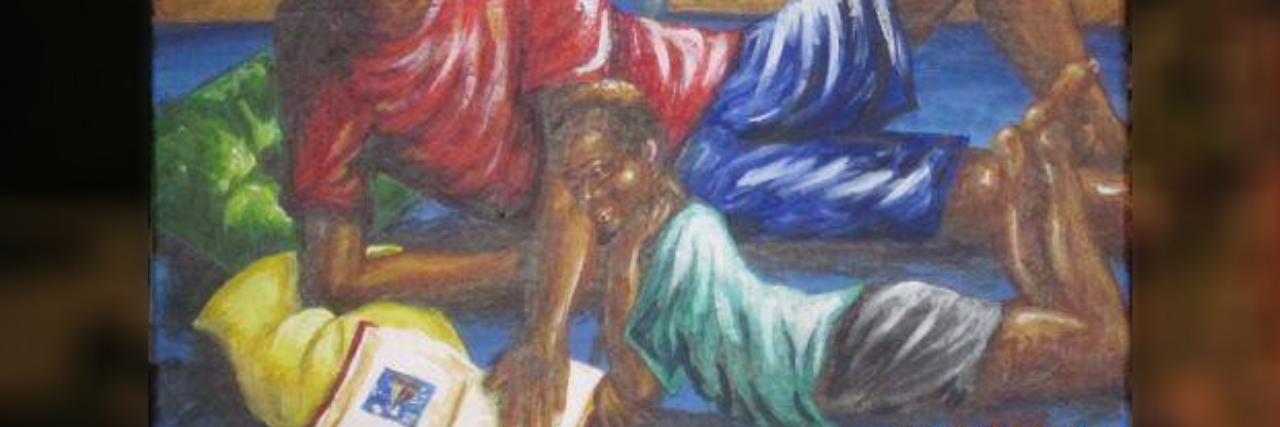 Helping My Teenage Son on the Autism Spectrum Conquer Insomnia Painting of parent reading to child.