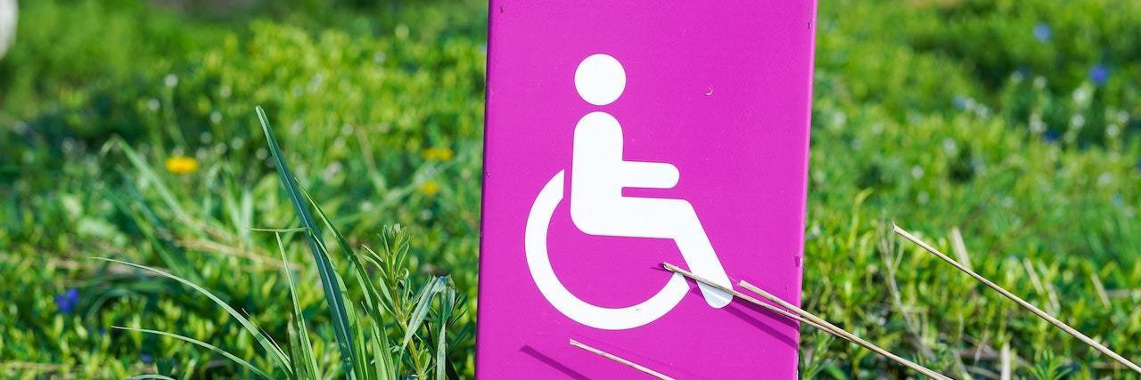 Pink signpost in the grass with a wheelchair graphic and a pointing arrow highlight a step-free path