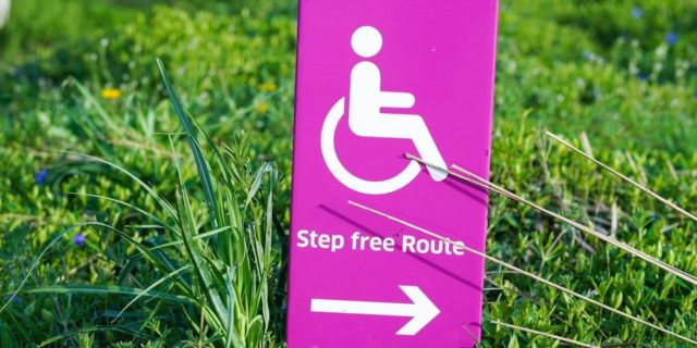 Pink signpost in the grass with a wheelchair graphic and a pointing arrow highlight a step-free path