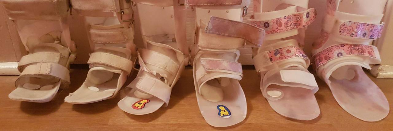 Shoe Shopping for My Daughter With Cerebral Palsy Who Wears AFOs Melanie's daughter's AFOs in a row.