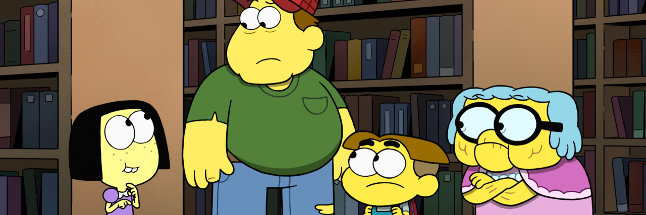 Disney Channel’s 'Big City Greens' Showcases American Sign Language Tilly, Bill, Cricket and Gramma in a library setting in a scene from Big City Greens