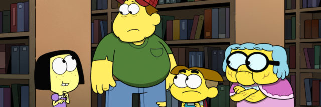 Tilly, Bill, Cricket and Gramma in a library setting in a scene from Big City Greens