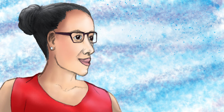 A Latinx female wearing a red tank top and glasses with her hair pulled back look off to the right