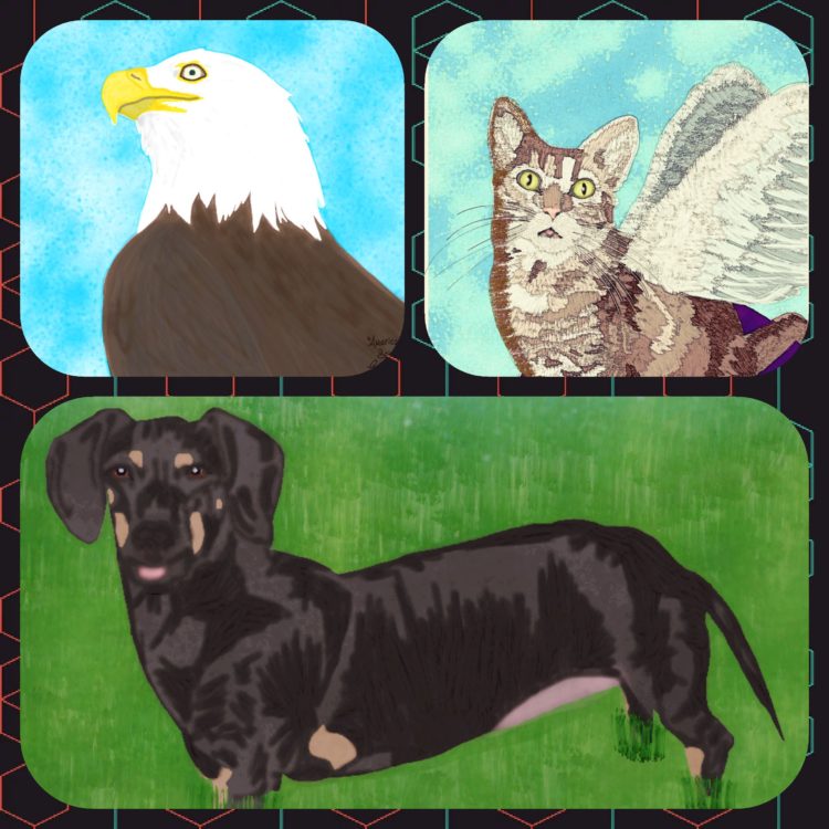 3-image collage of digital art of animals. Top left = a bald eagle, top right = cat with wings, bottom = dachshund