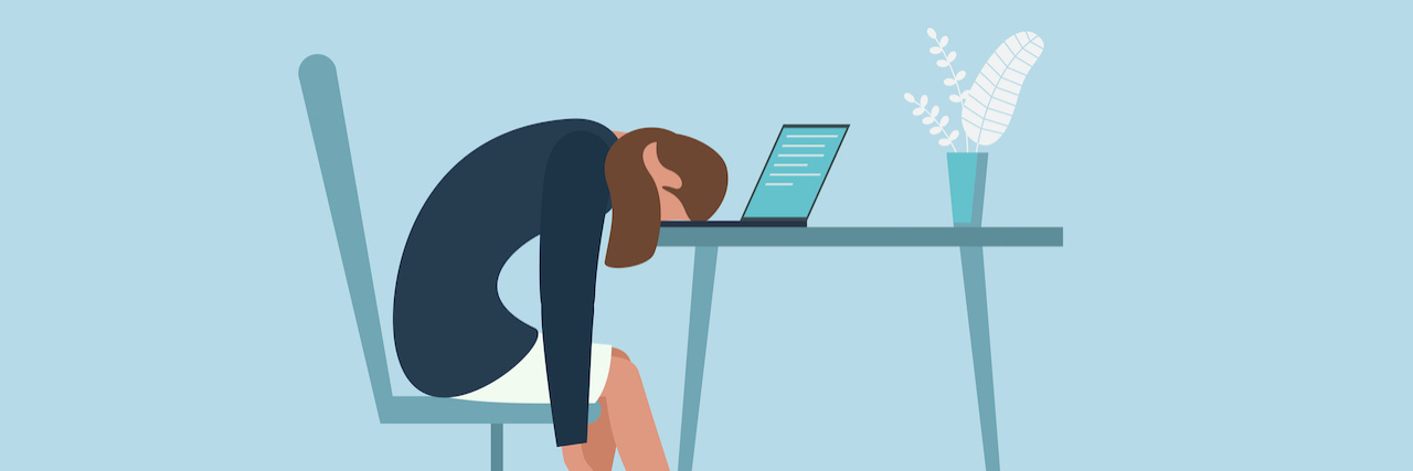 Balancing Returning to Work and Mental Illness Illustration of business woman sitting with head down on desk in front of laptop