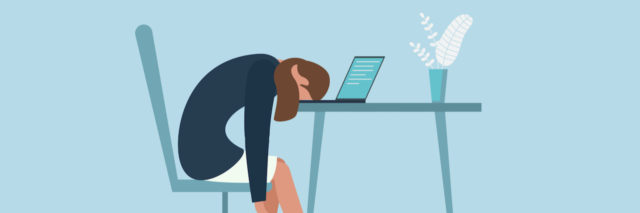 Illustration of business woman sitting with head down on desk in front of laptop