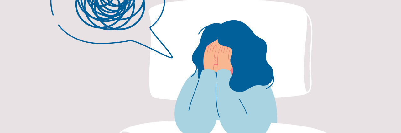 Why People With Schizophrenia Have Trouble Sleeping illustration of woman lying in bed covering face with hands, speech bubble showing messy lines