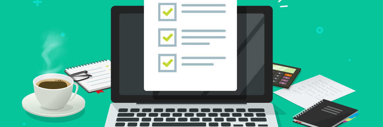 Tips for Creating a To-Do List When You're Chronically Sick Cartoon computer with checkmarks document or to do list with checkboxes, concept of survey. Online quiz or done test, feedback or workplace table
