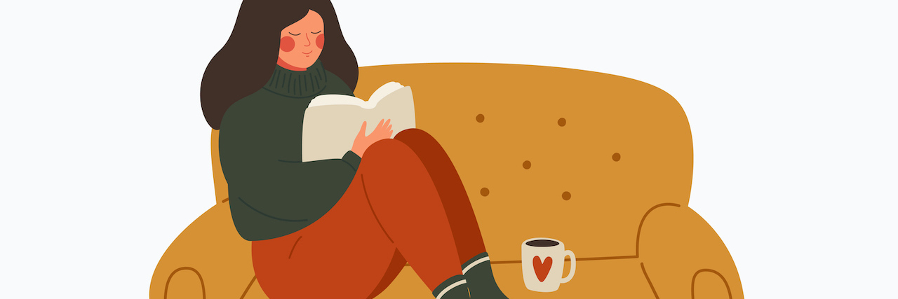 When Self-Care Is Just Survival During the COVID-19 Pandemic Illustration of woman sitting on a couch and reading a book with a cup of coffee
