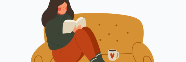 Illustration of woman sitting on a couch and reading a book with a cup of coffee
