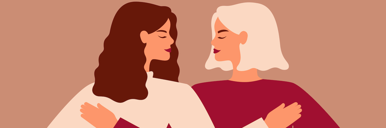 How the Mental Health Community Unites More Than Separates Us Illustration of back view of two strong women supporting each other