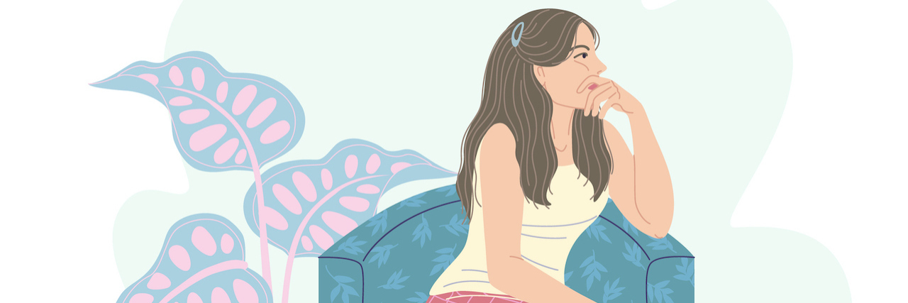 Dealing With Self-Stigma Around Anxiety and Depression illustration of a Pensive young woman sitting in armchair.
