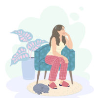 illustration of a Pensive young woman sitting in armchair.