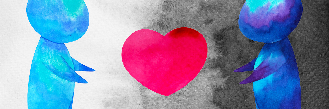Will COVID-19 Affect the Suicide Rate? Two blue abstract people standing on either side of a red heart with a white and gray background