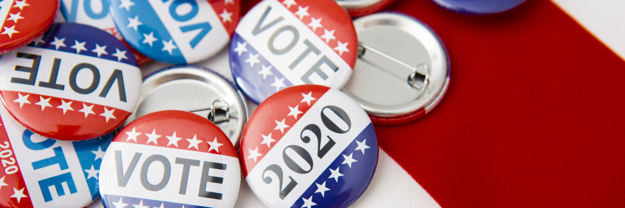 Letter to Trump Voters From a Person With a Disability Vote badges on American flag background.