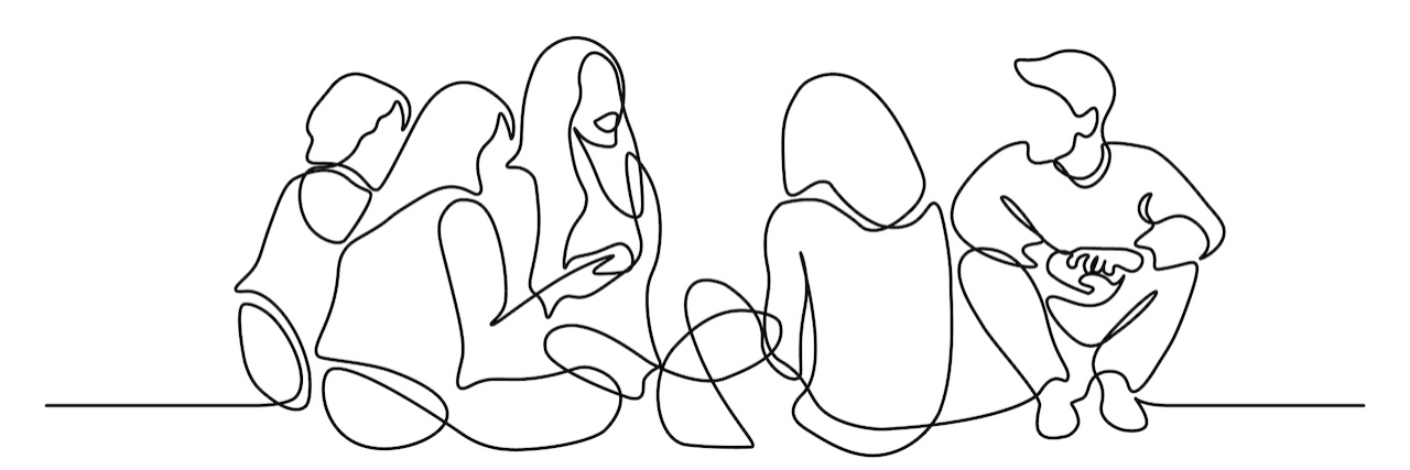 Continuous line art drawing of group of friends sitting on the ground together