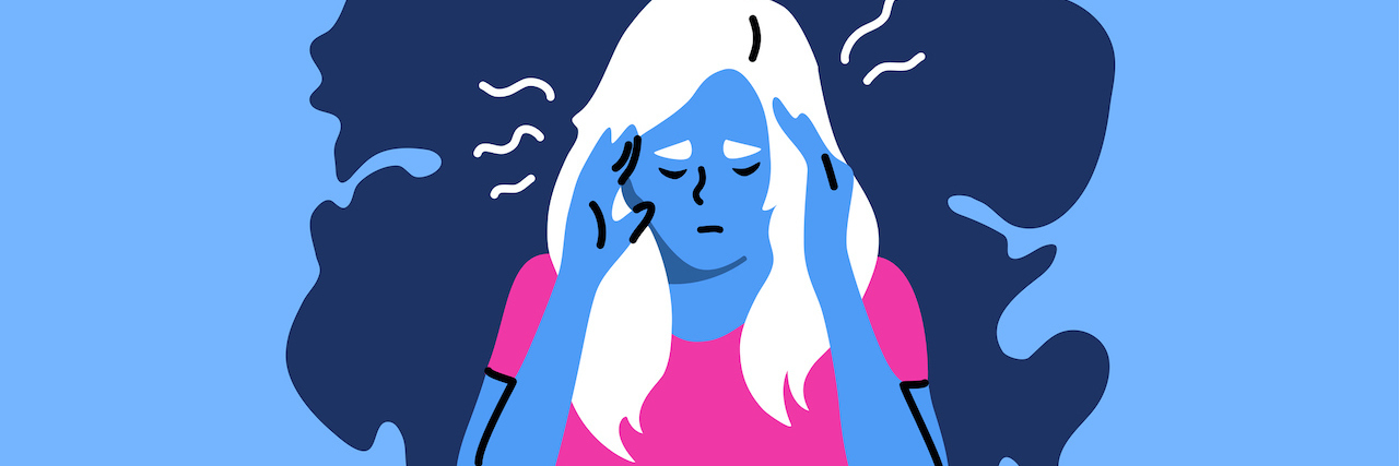 An illustration of a blue woman with pain lines coming from her