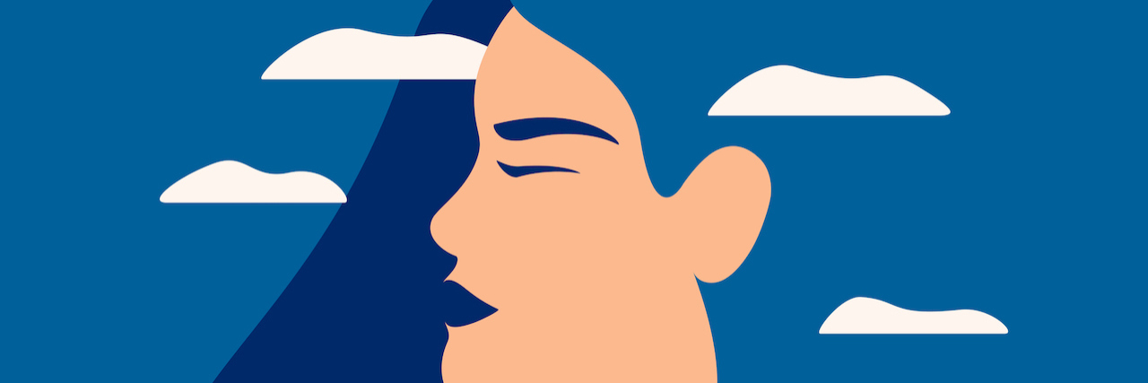 Illustration of woman with clouded mind on blue background