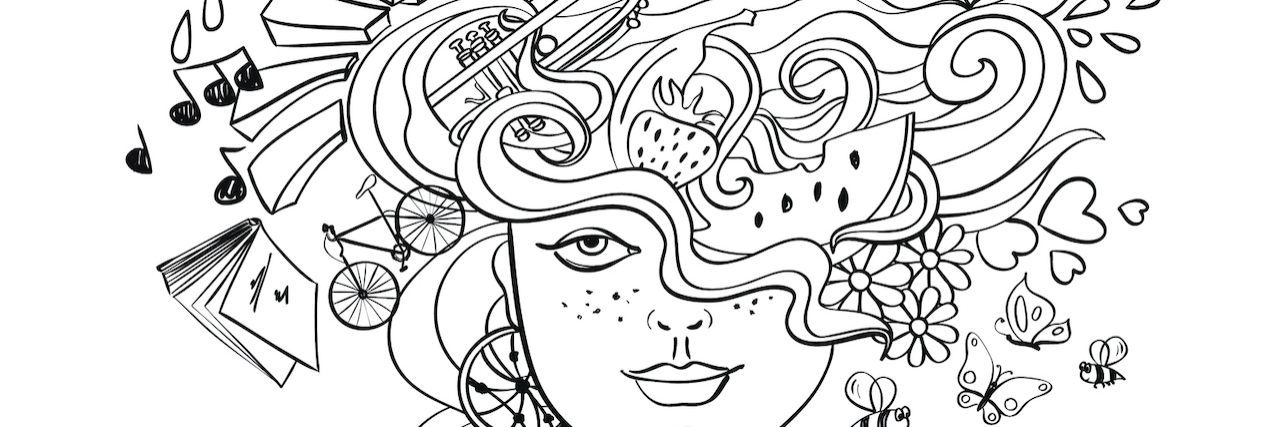 Drawing of a woman with psychedelic hair and her dreams, wishes and hobbies